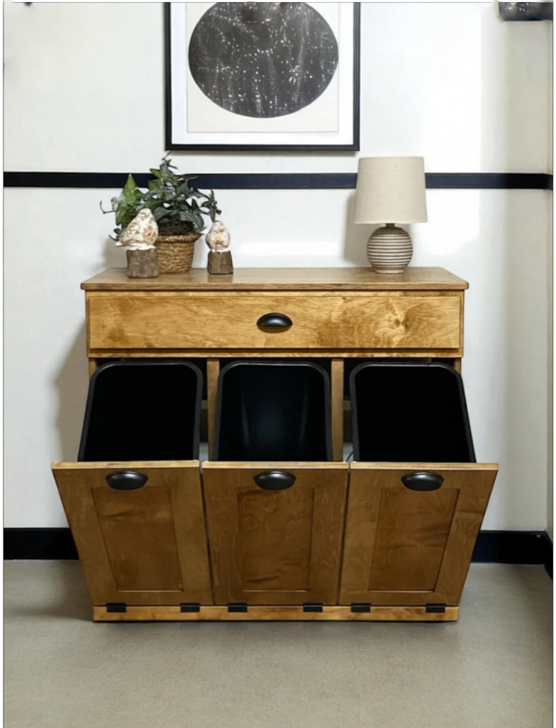 Slim style 3 bin furniture style cabinet for trash