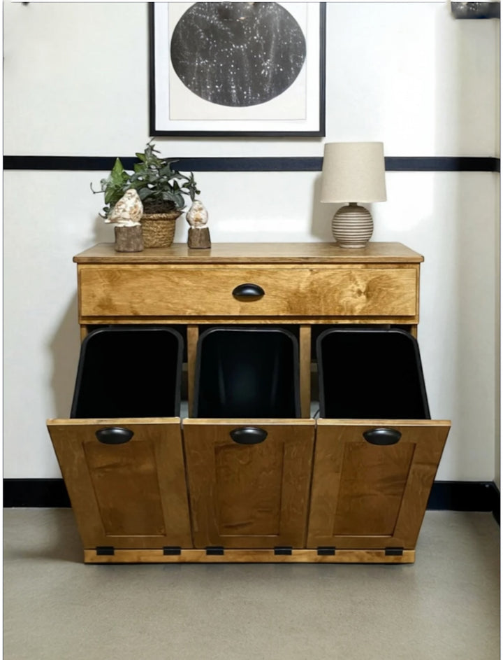 Slim style 3 bin furniture style cabinet for trash