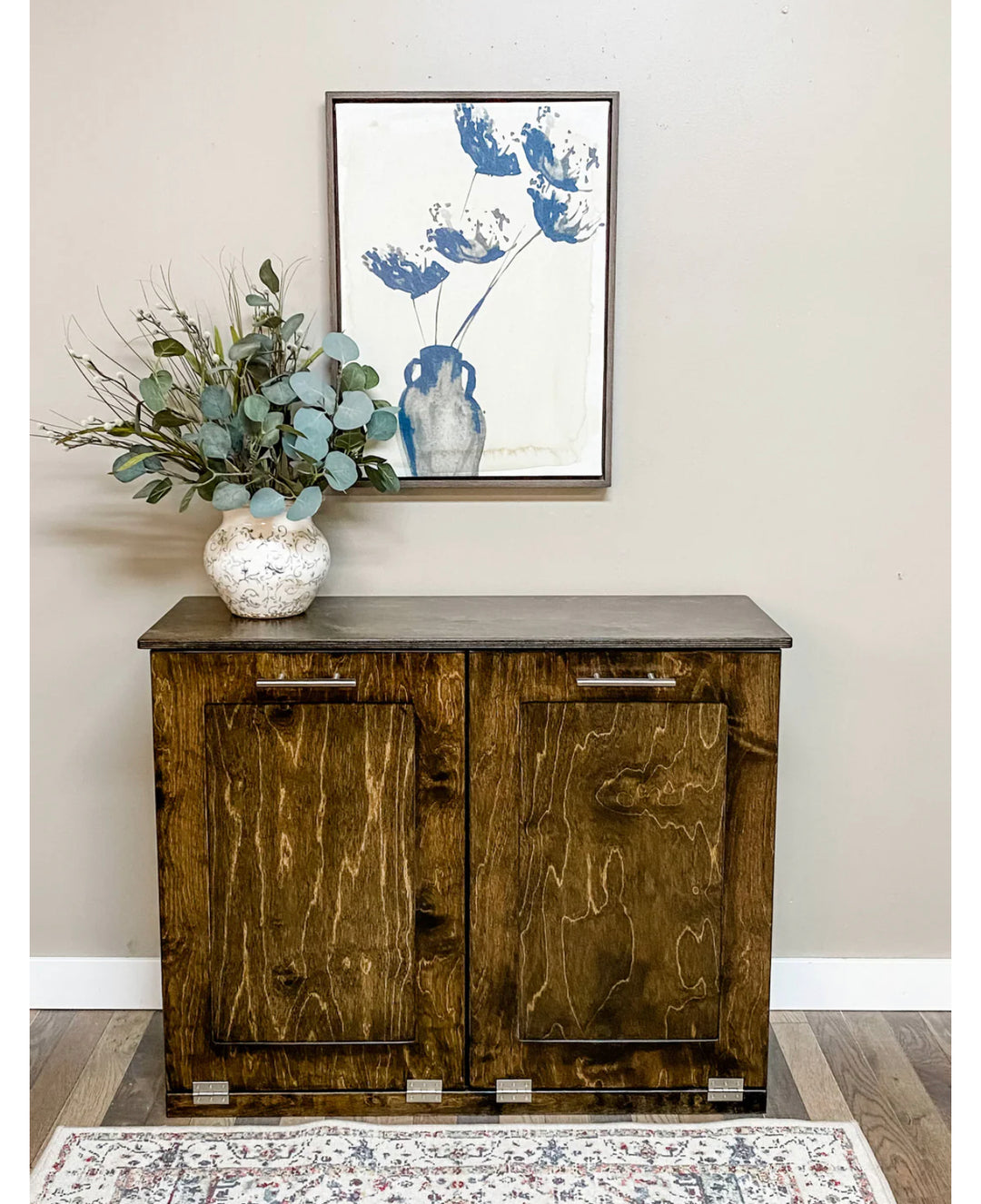 Furniture style double tilt out trash cabinet in dark brown