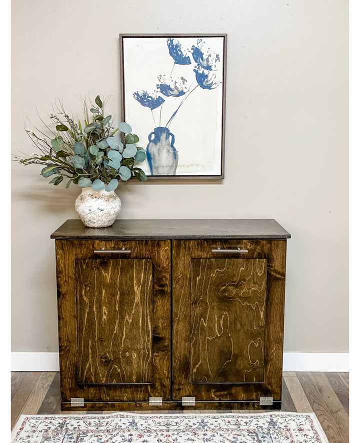 Furniture style double tilt out trash cabinet in dark brown