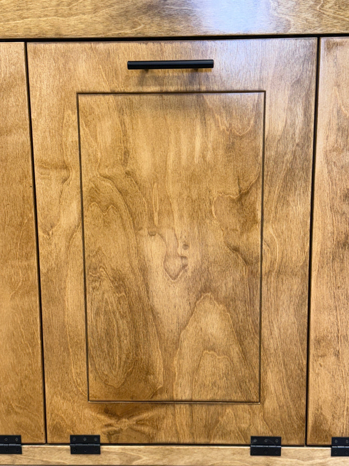 Handmade triple trash cabinet with storage drawer in golden oak stain