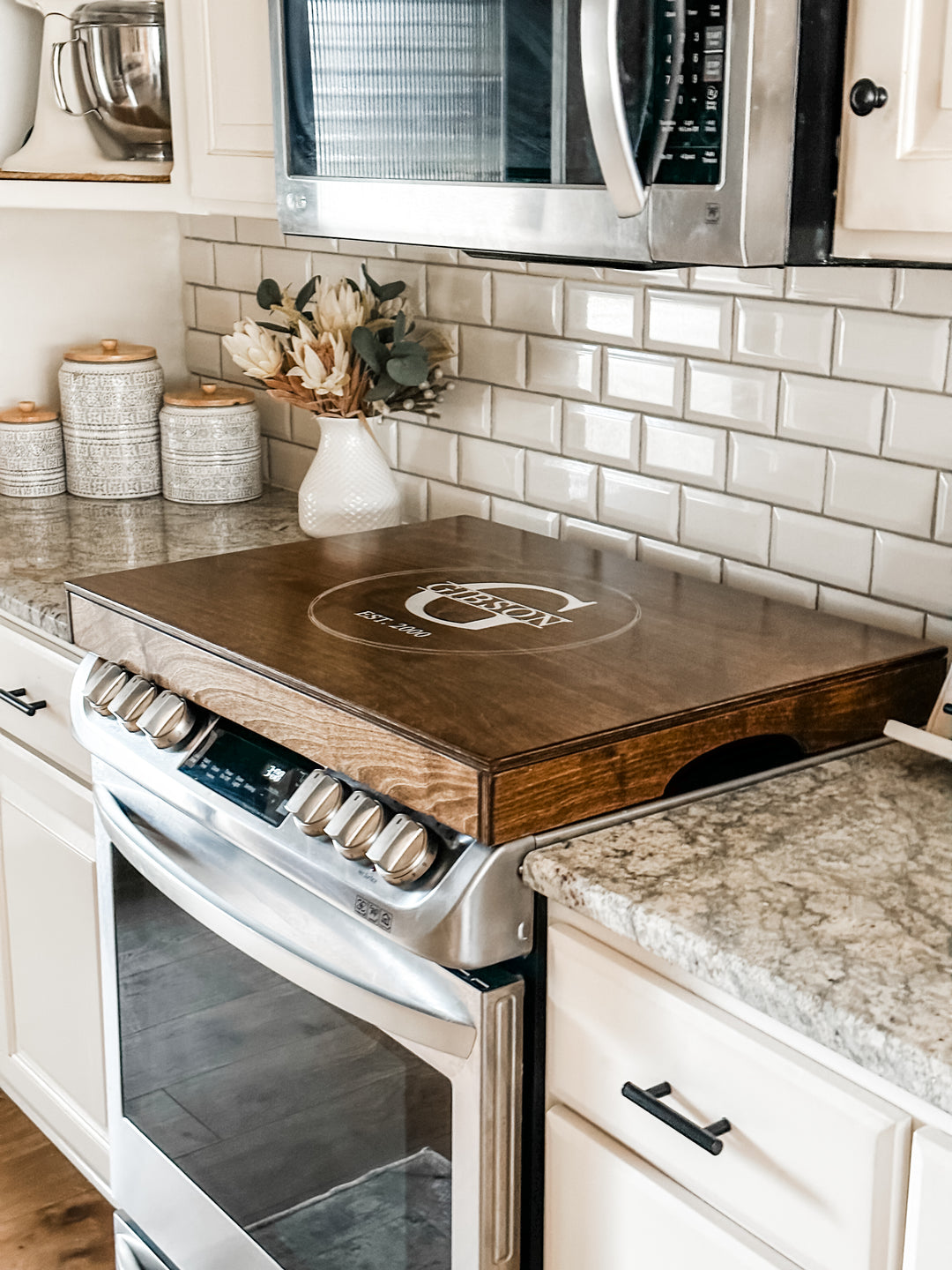 Personalized monogram stove cover, warm brown stain + soft white "Gibson"