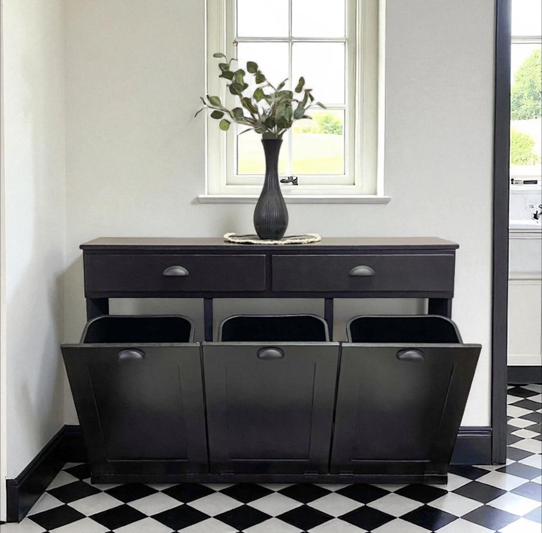 Triple cabinet trash bin with a storage drawer in black stain
