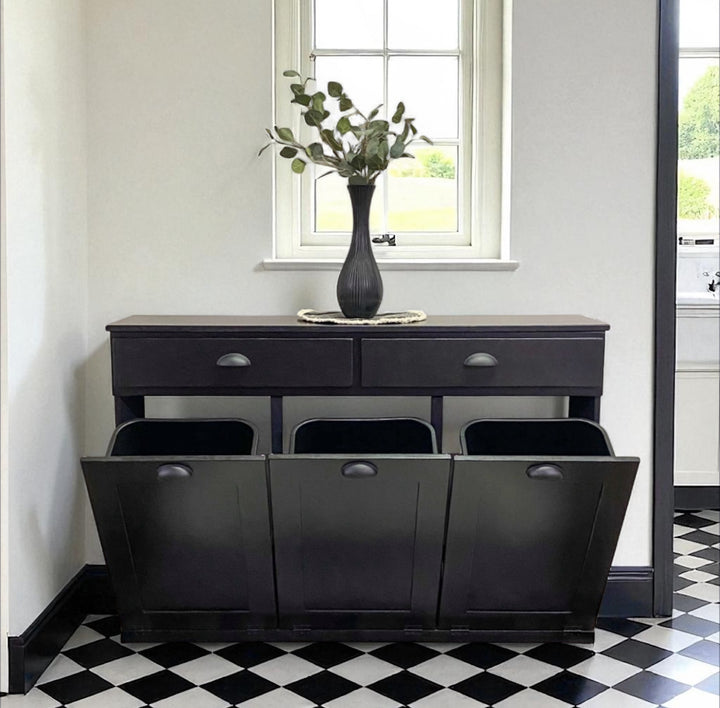 Triple cabinet trash bin with a storage drawer in black stain