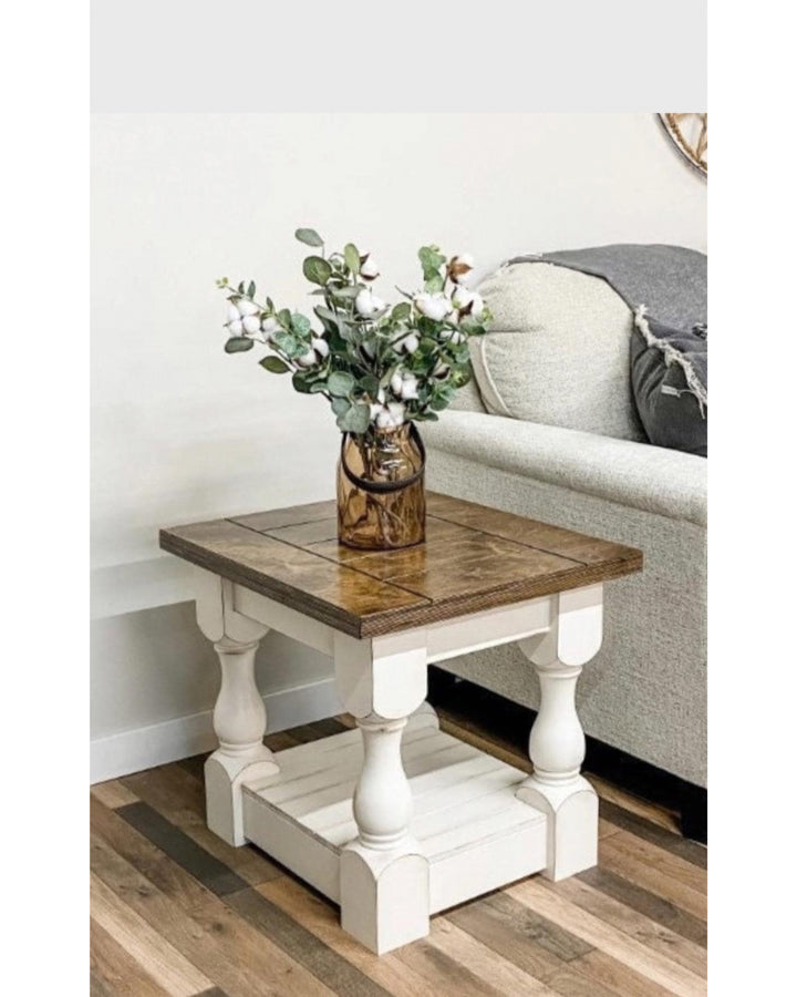 Rustic baluster farmhouse end table in warm brown distressed