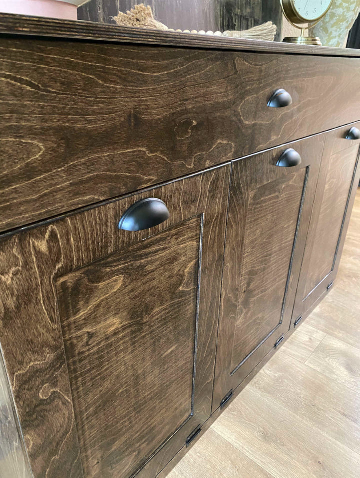Furniture style laundry with a storage drawer in dark brown stain
