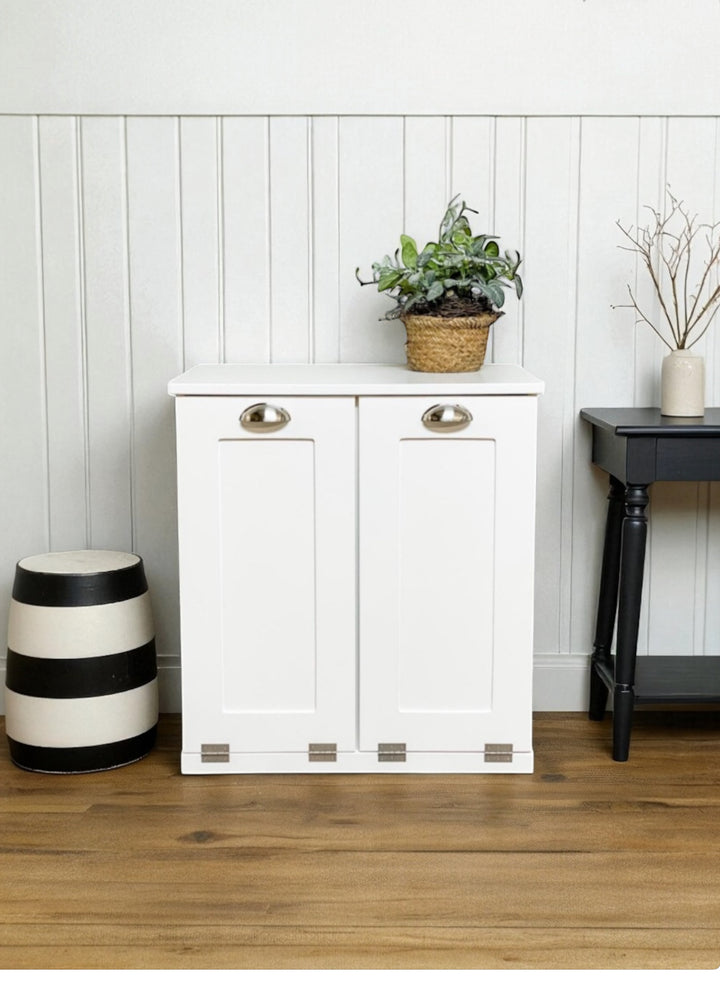 Slim style double trash cabinet in white