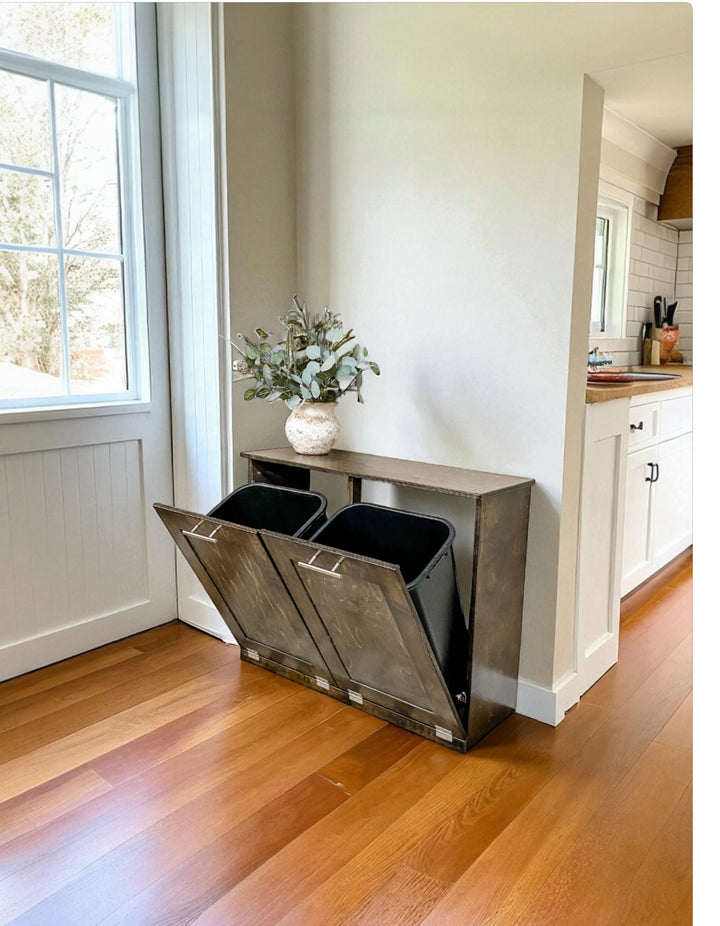 Furniture style double tilt out trash cabinet in dark brown