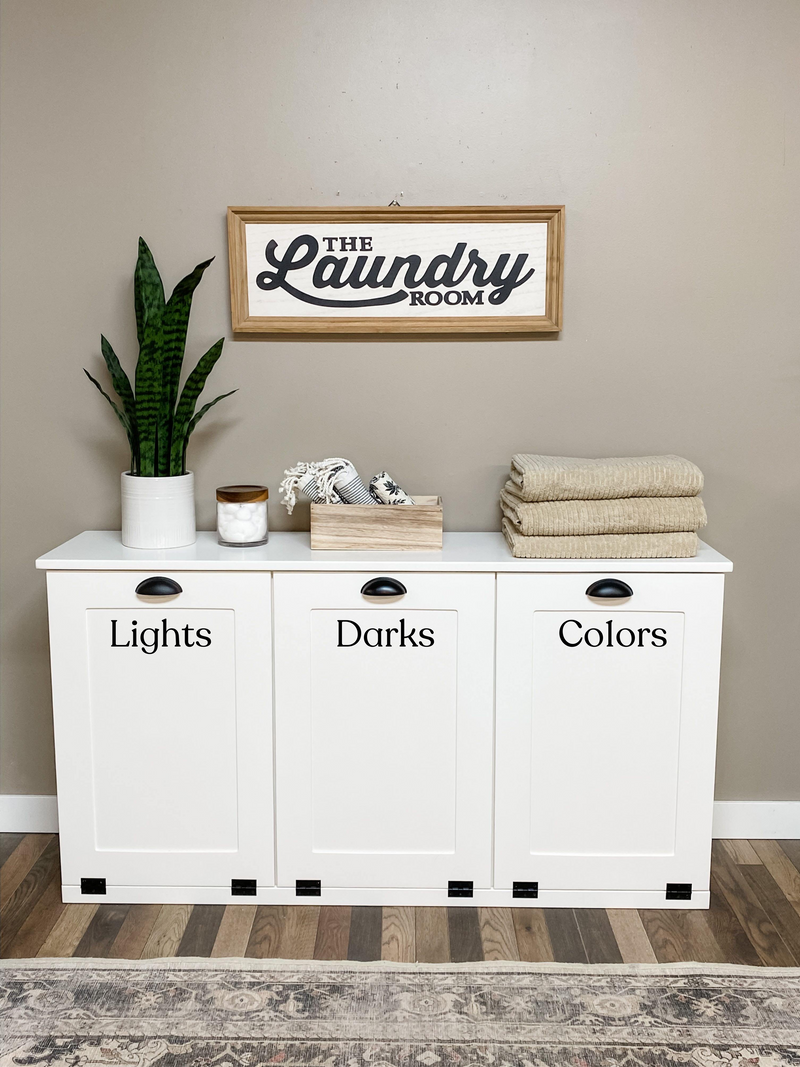Decals for trash cabinets and laundry hampers