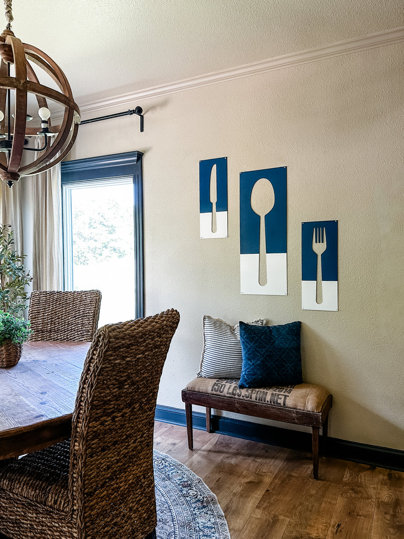 Fork, spoon, and knife set handmade of wood wall decor in blue and white