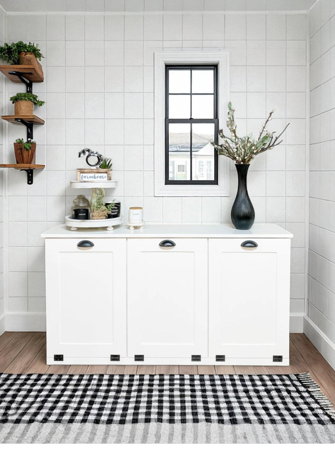 Triple trash farmhouse cabinet in white