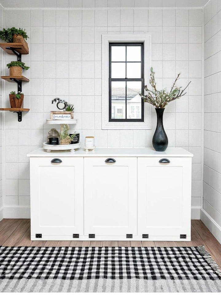 Triple trash farmhouse cabinet in white