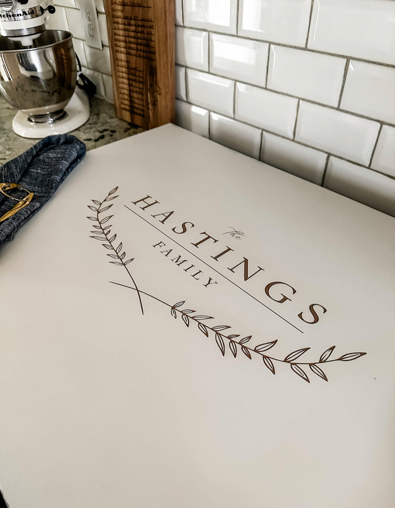 Personalized last name stove cover, ivory distressed, Hastings