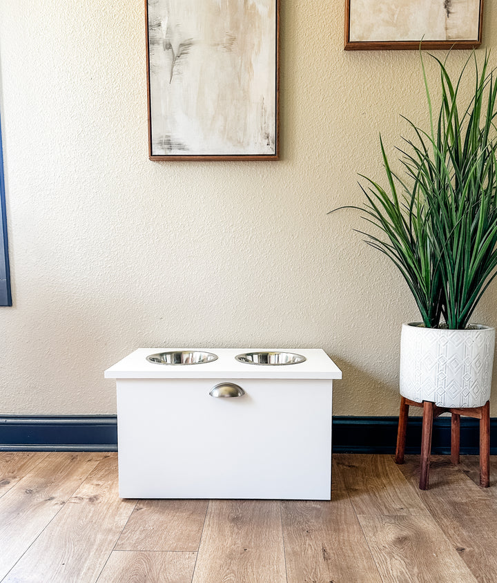 2 bowl elevated dog feeder with storage and new modern front