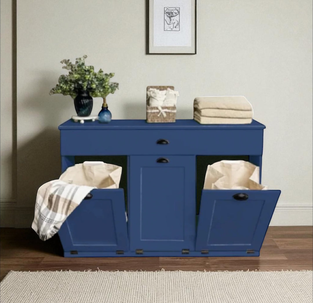 Counter tall freestanding 3 bin laundry hamper with a storage drawer in blue