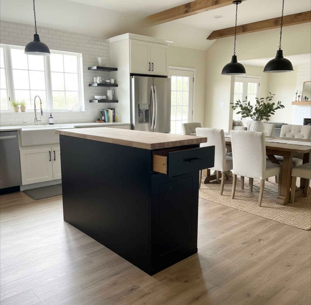 Handmade Kitchen Island with Pull-Out Trash Cabinet &amp; Drawers - Butcher Block Top