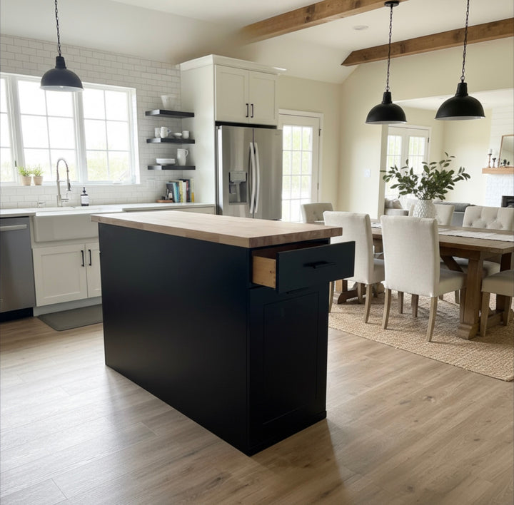 Handmade Kitchen Island with Pull-Out Trash Cabinet &amp; Drawers - Butcher Block Top