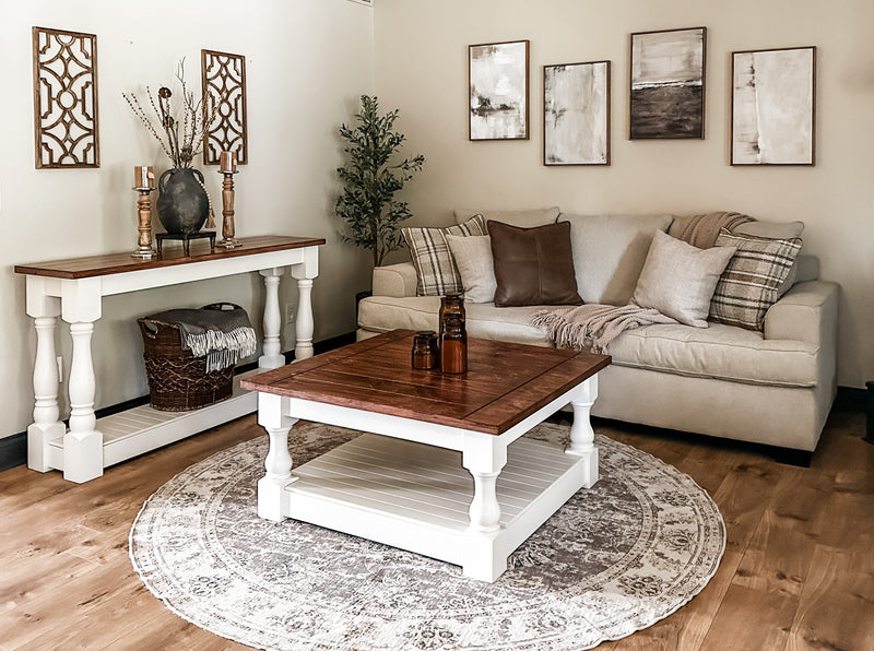 Rustic baluster square farmhouse coffee table in red oak