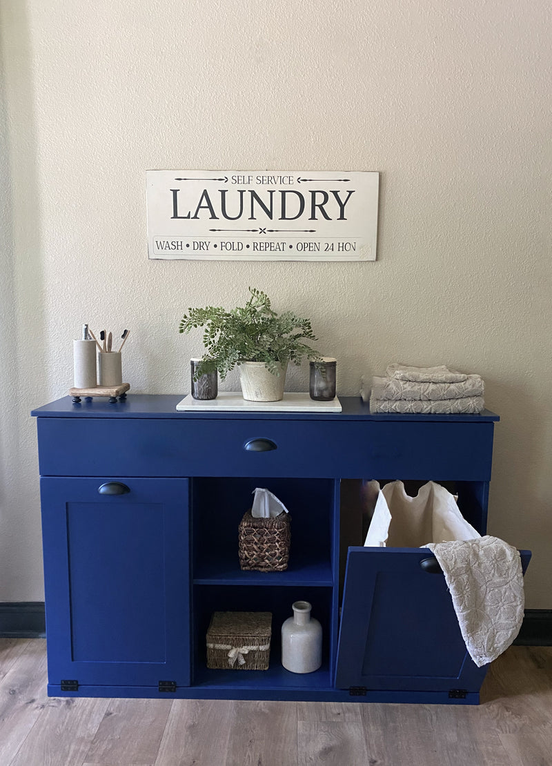 Templeton laundry with a storage drawer and open shelving in blue farmhouse style
