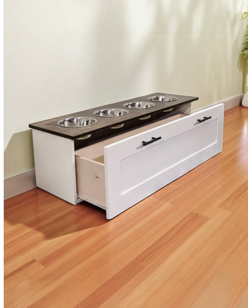 Four bowl large size white elevated dog feeder with drawer