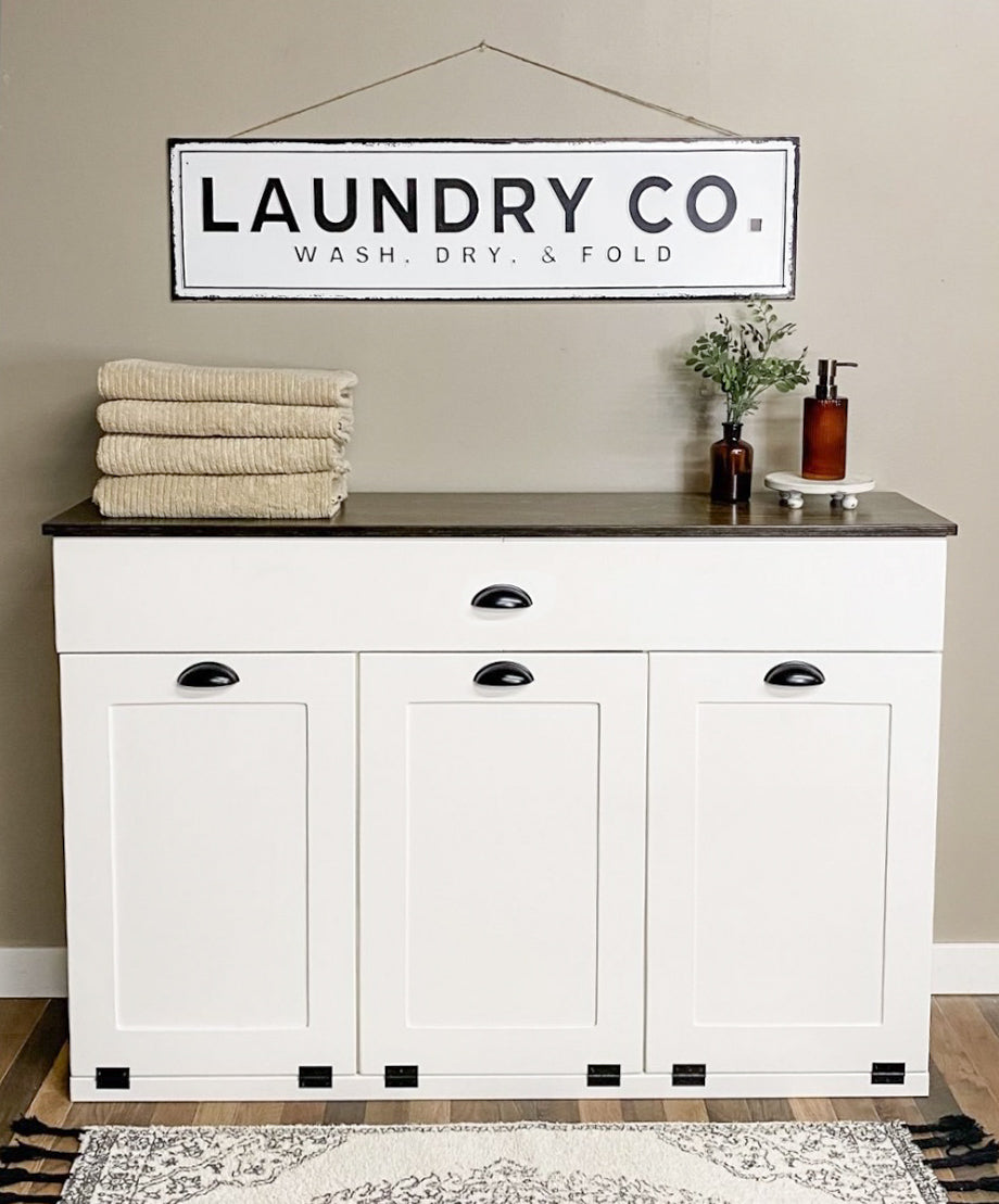 Triple counter tall laundry with a storage drawer in white