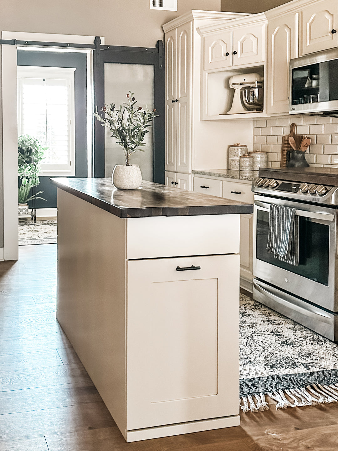 Kitchen Island with Pull-Out Trash Cabinet &amp; Drawers - Butcher Block Top - Handmade