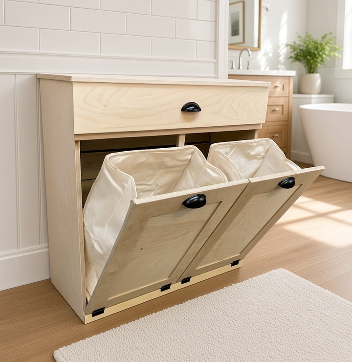 Bare wood furniture style laundry double hamper with a storage drawer