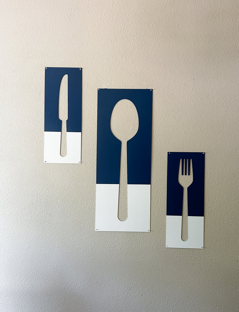 Fork, spoon, and knife set handmade of wood wall decor in blue and white