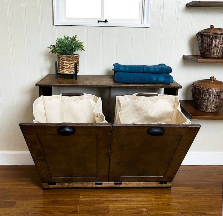 Double hamper - wood - laundry in dark brown stain