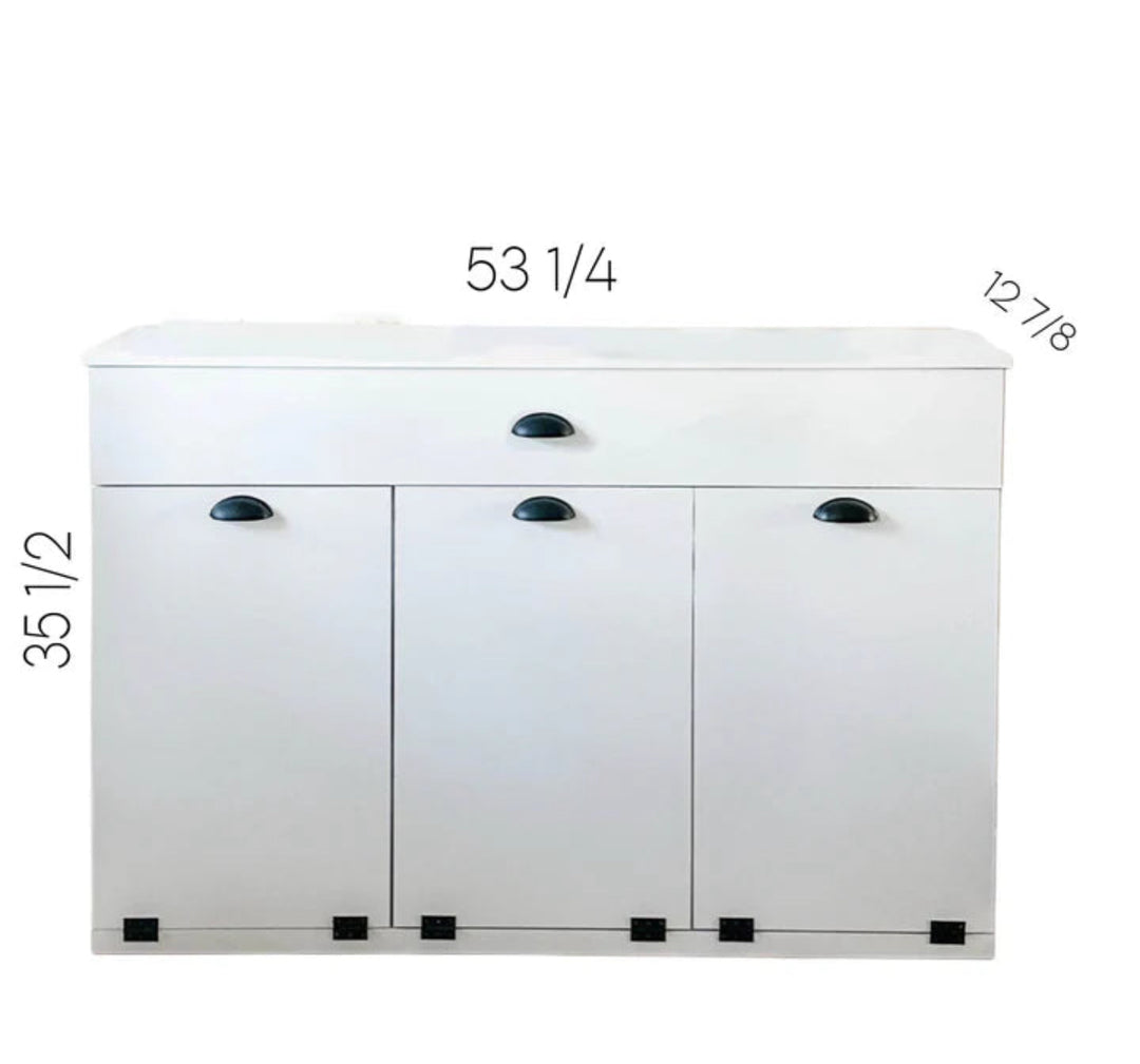Triple tilt out trash cabinet with storage drawer in warm brown stain