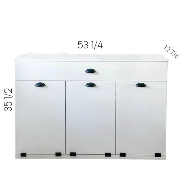 Triple tilt out trash cabinet with storage drawer in warm brown stain