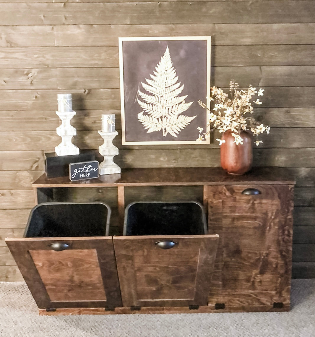 Stand alone triple trash cabinet in warm brown stain