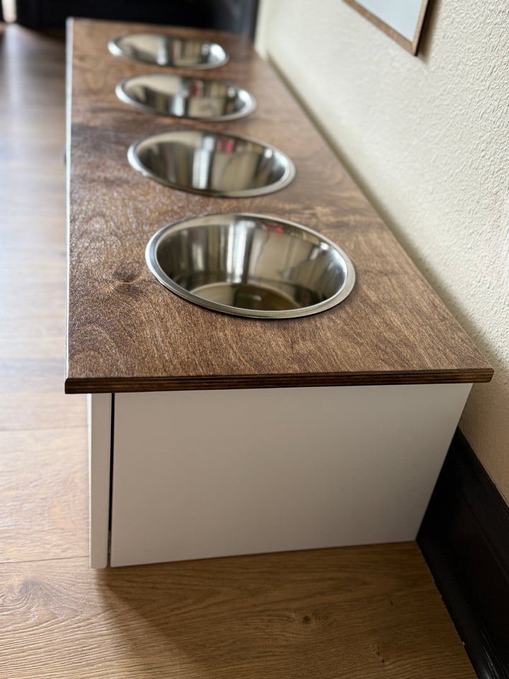Four bowl large size white elevated dog feeder with drawer