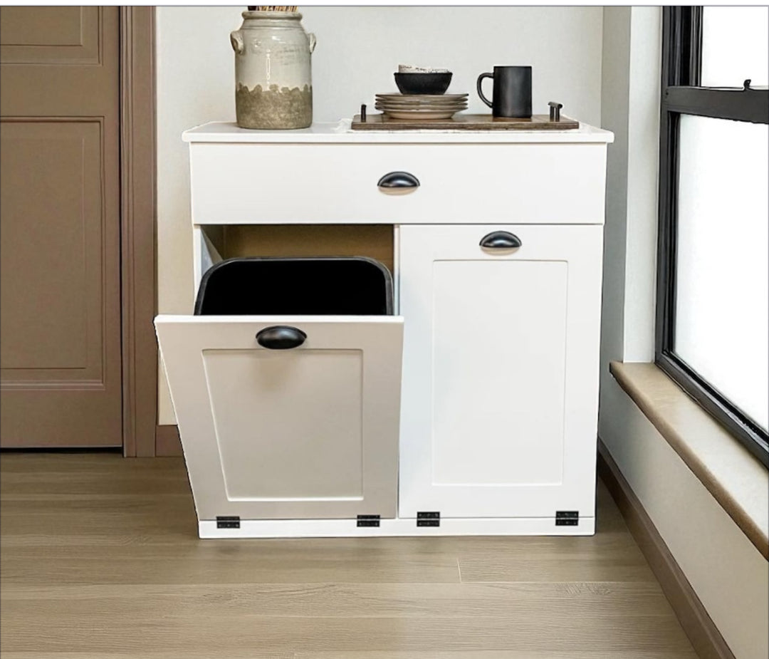 Handcrafted double hidden trash cabinet + storage drawer in white
