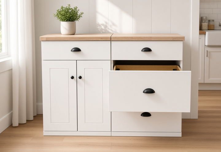 Furniture style slim design cabinet with storage drawers in white