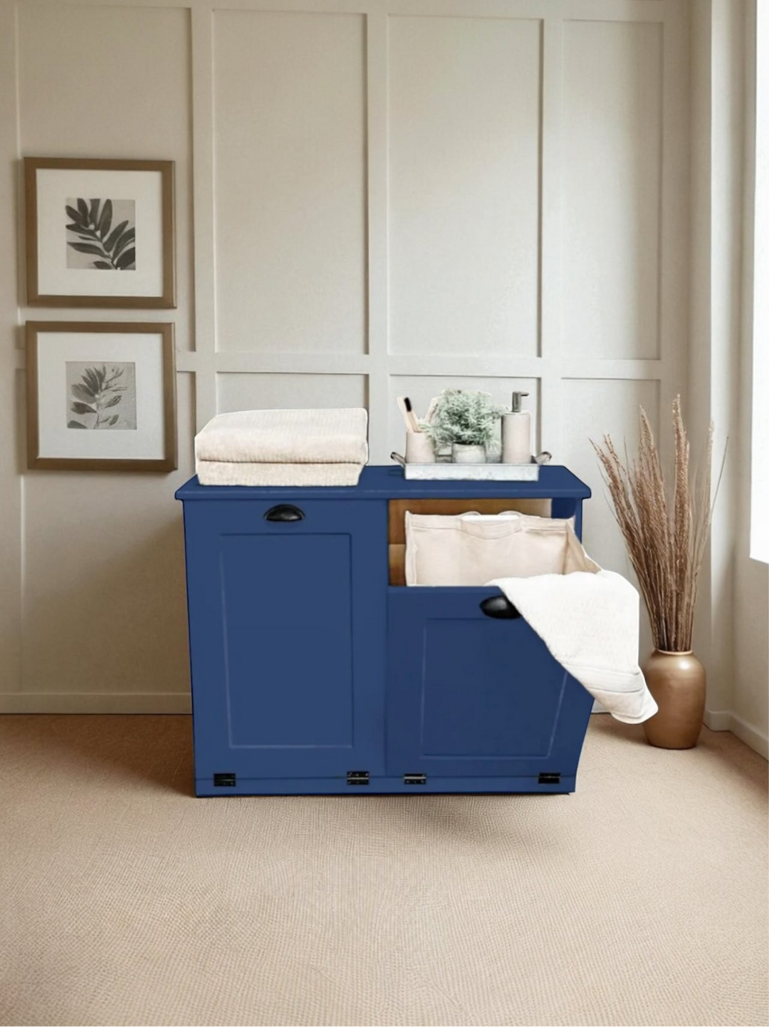 Handmade double laundry hamper in blue