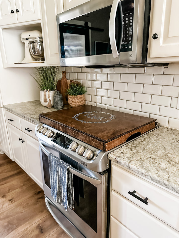 Personalized wedding stove cover in warm brown Ellison