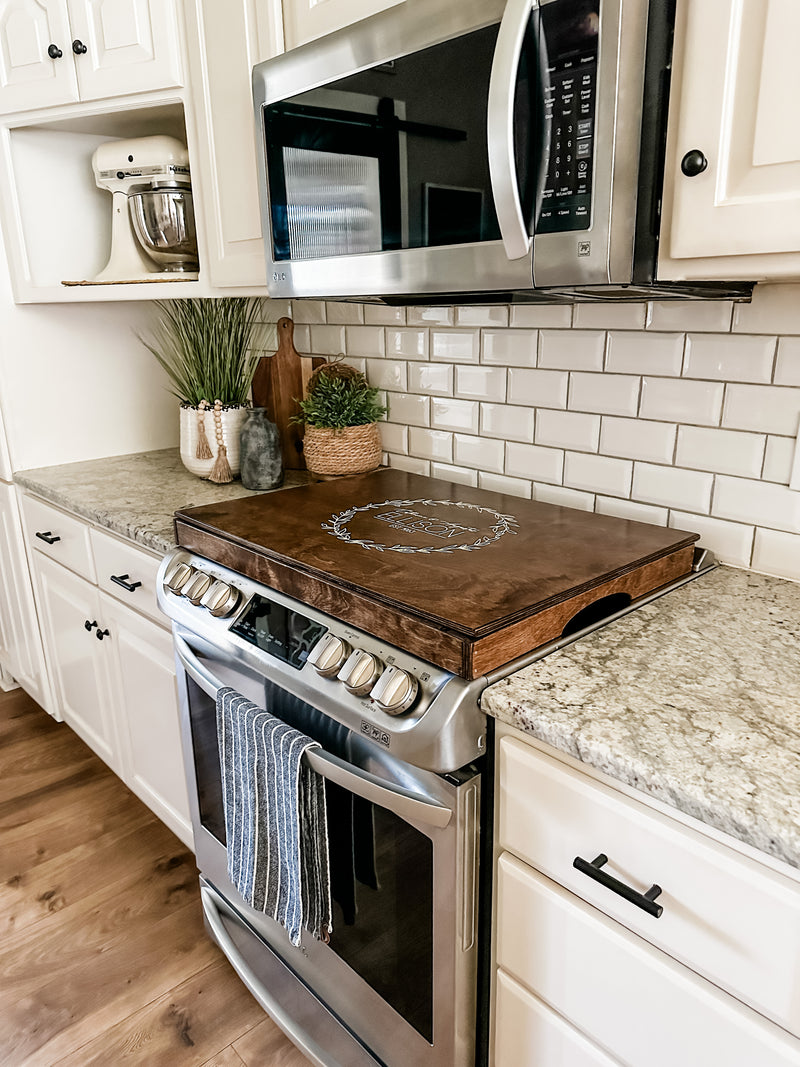 Personalized wedding/anniversary stove cover in warm brown Ellison