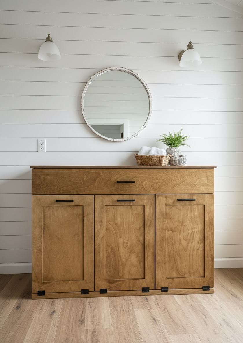 Triple laundry with a storage drawer in golden oak stain