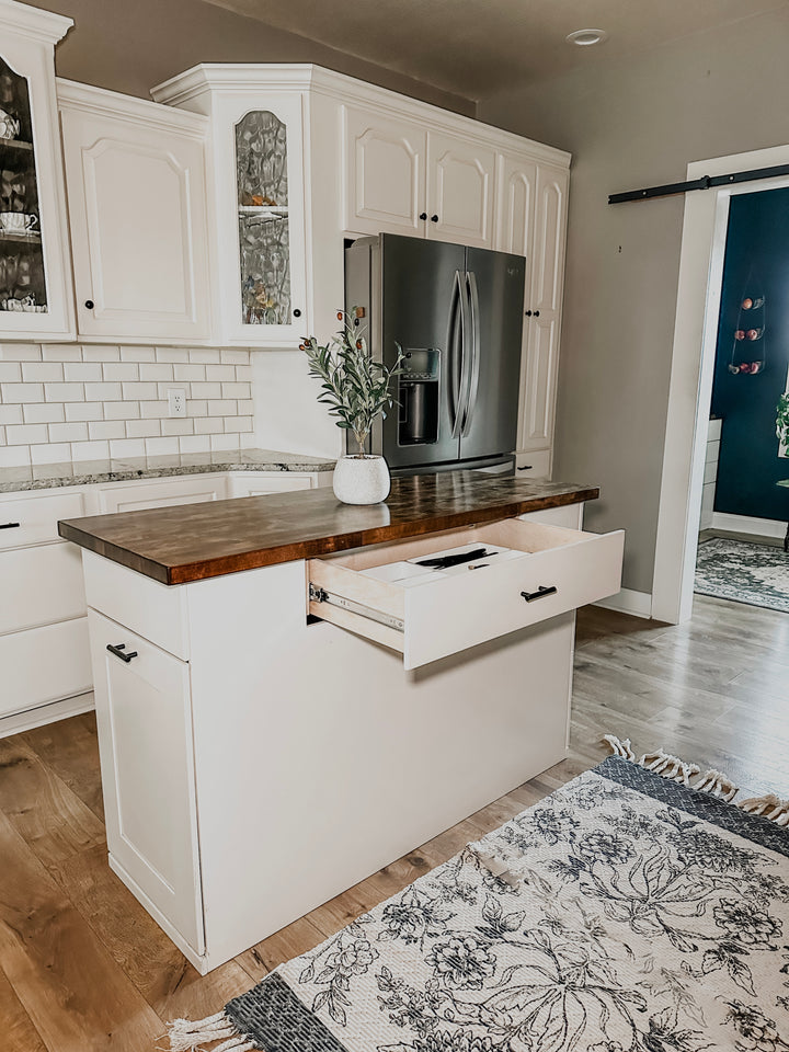 Kitchen Island with Pull-Out Trash Cabinet &amp; Drawers - Butcher Block Top - Handmade