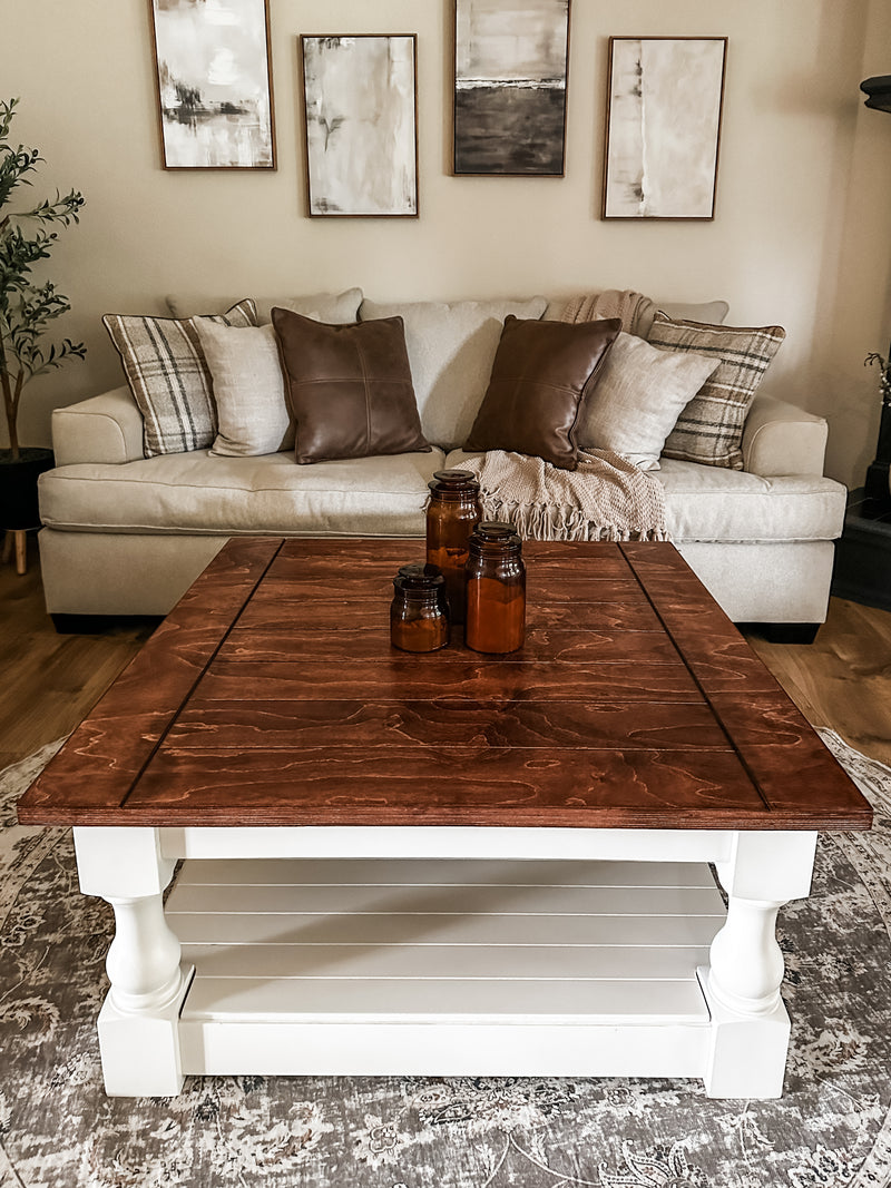 Rustic baluster square farmhouse coffee table in red oak