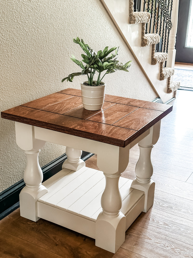 Rustic baluster farmhouse end table in red oak