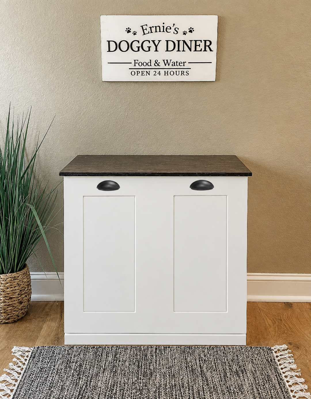 Double style pet food storage farmhouse style with stained top