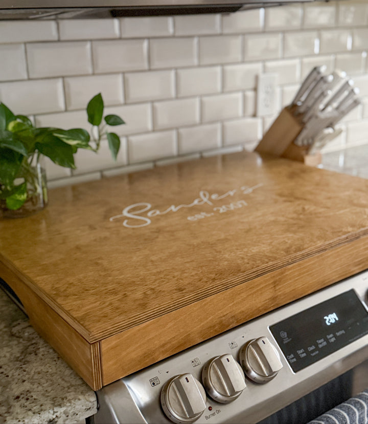 Personalized "Valencia" stove cover, golden oak + soft white
