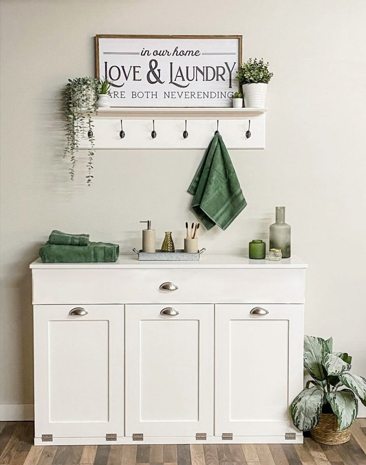 Triple counter tall laundry with a storage drawer in white