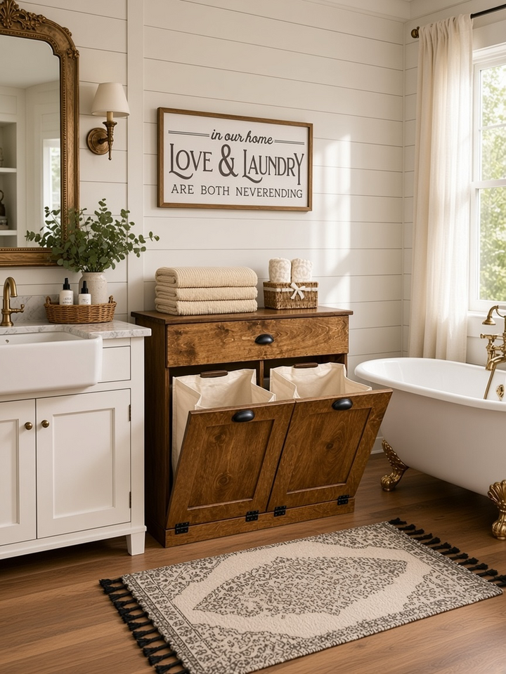 Double laundry hamper with a storage drawer in warm brown stain
