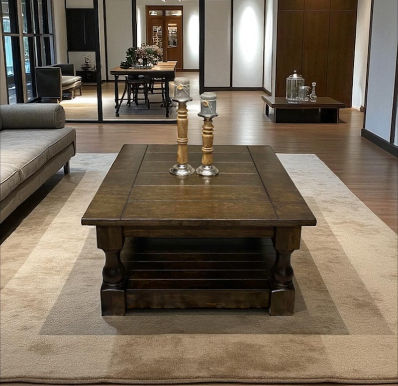 Stained farmhouse style rustic coffee table fully stained