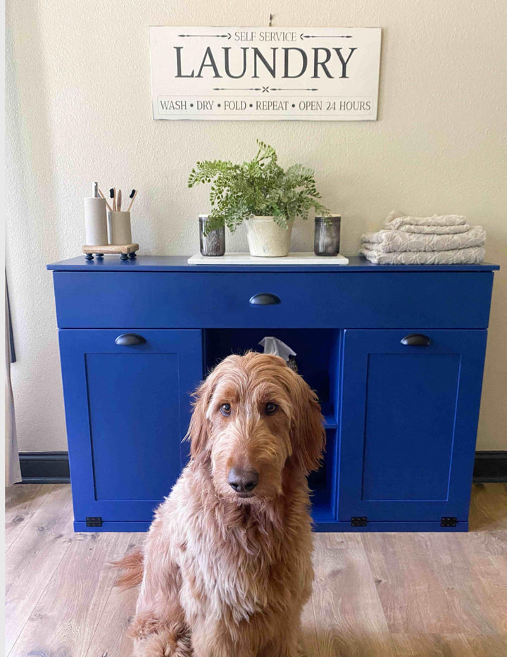 3 bin laundry with a storage drawer and open shelving in blue