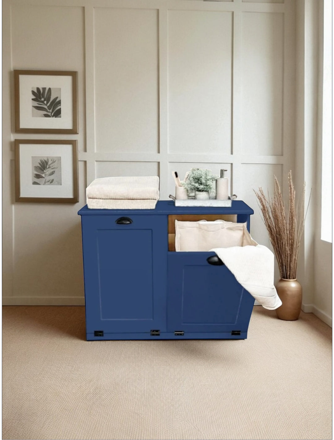 Handmade double laundry hamper in blue
