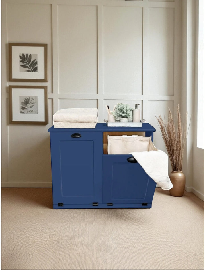Handmade double laundry hamper in blue